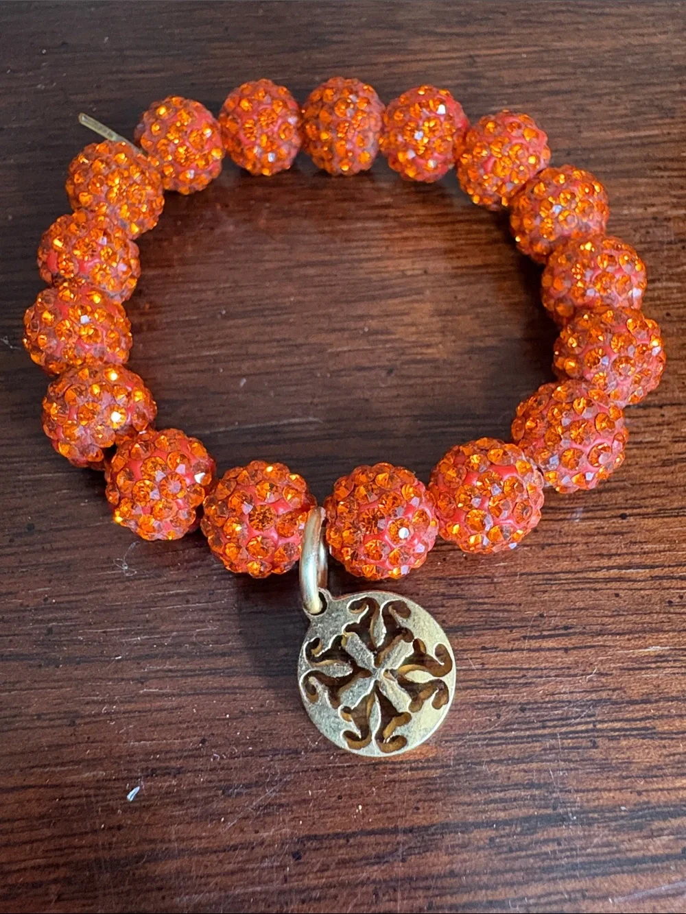 Rustic Cuff kids Orange Crystal Bead Stretch Bracelet with Gold RC Charm
